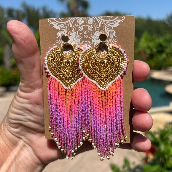 Handmade Beaded Long Fringe Dangle Drop Lightweight Sweetheart Post Earrings - Picture 9 of 10